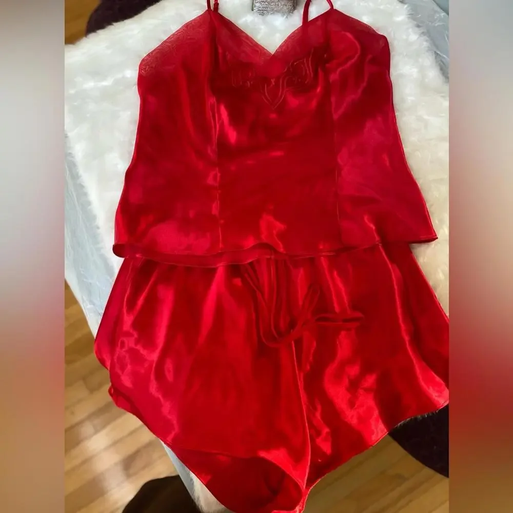 Red Satin Camisole and Shorts Pajama Set